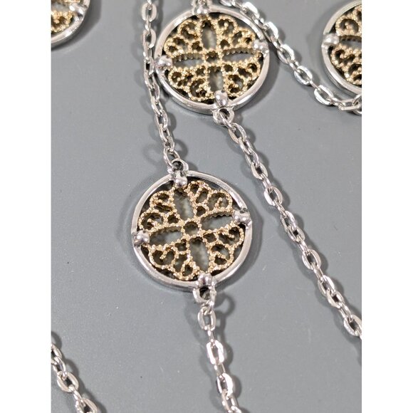 Elegant Two Tone Floral Medallion Station Chain Long Layering Necklace 40" - Picture 3 of 7